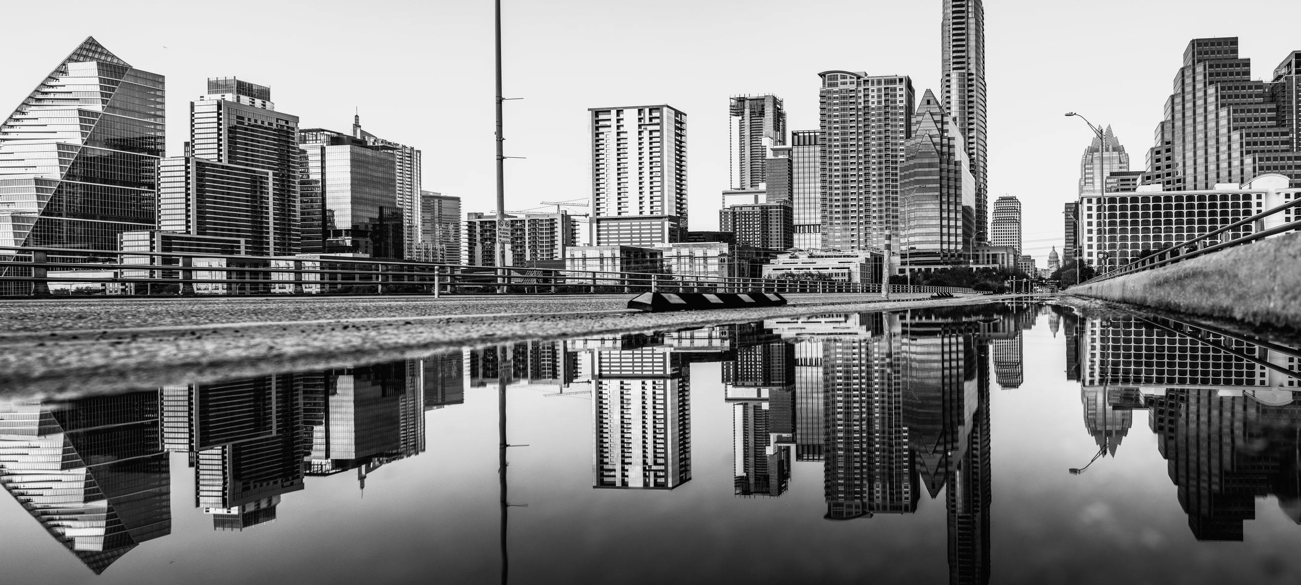Black and white Austin, TX skyline from Colorado River